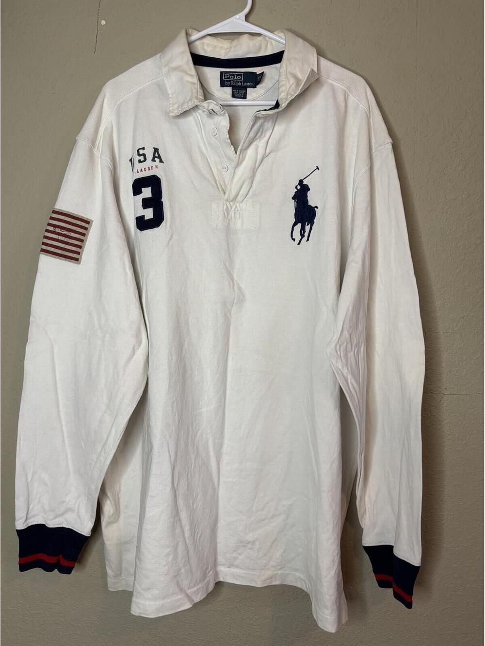 Polo Ralph Lauren Men’s 2XLT Tall Long Sleeve Rugby Polo Shirt White Navy USA